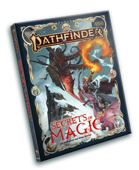 Pathfinder Secrets of Magic. Iconic summoner; a dark-skinned human girl, wearing mage’s robes runs next to her eidolon, a pink dragon several feet taller than her, and magus; a pale male half-elf with white hair, wearing ornate robes, wielding a sword in one hand and summoning magic in the other, are running towards a portal opening in a stone gate.