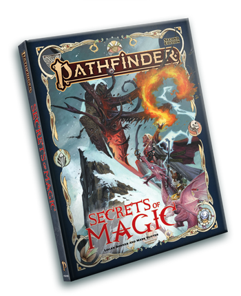 Pathfinder Secrets of Magic. Iconic summoner; a dark-skinned human girl, wearing mage’s robes runs next to her eidolon, a pink dragon several feet taller than her, and magus; a pale male half-elf with white hair, wearing ornate robes, wielding a sword in one hand and summoning magic in the other, are running towards a portal opening in a stone gate.