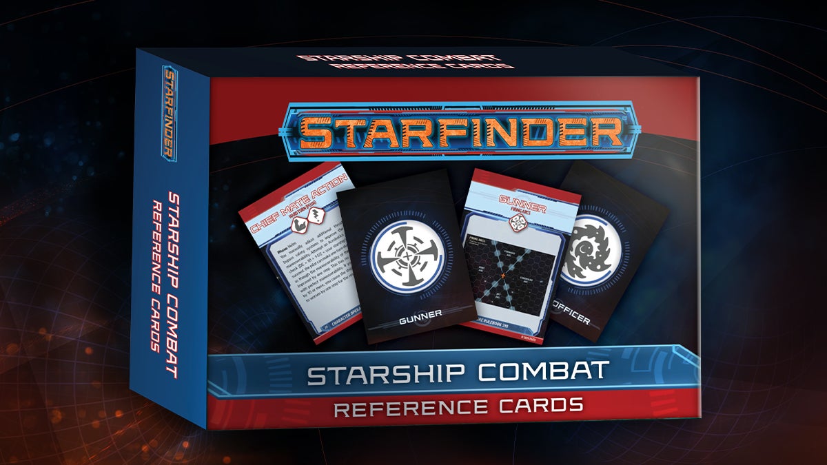 Starfinder Starship Combat Reference Cards box cover, featuring an illustration of the Gunner and Officer combat cards