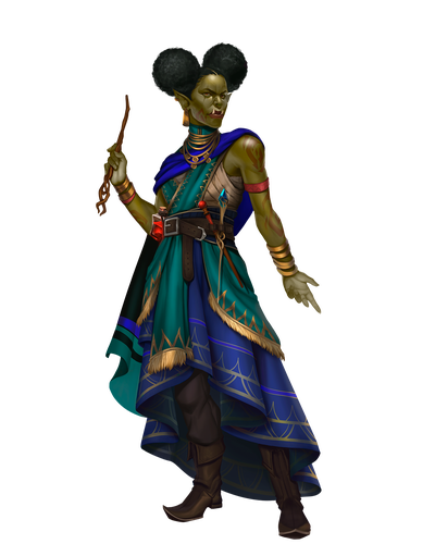Illustration by Bruno Mello : Dhalla Winddancer is an orc wizard, holding a wand. She has a very serious expression.
