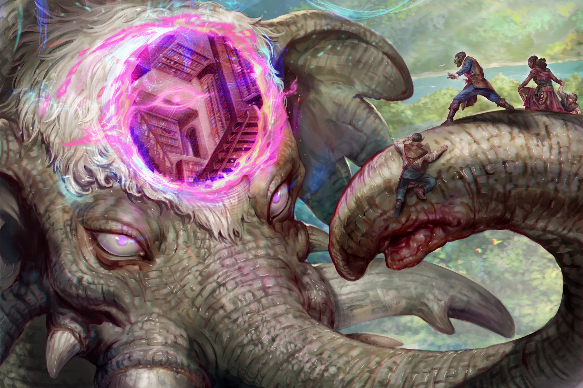 Echo Repository, art by Mirco Paganessi. Humanoids stand on the trunk of a massive elephant, looking down on its forehead where a large portal has opened up to show what appears to be a library 