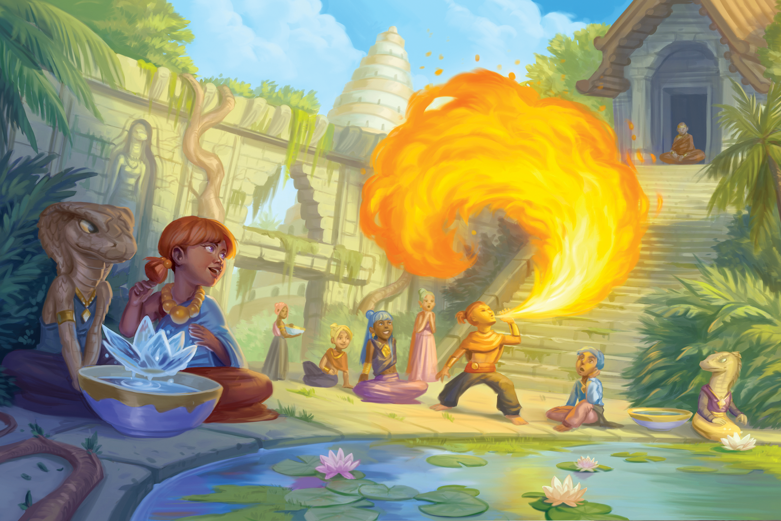Illustration by Ilina Naydenova: Several children sit in the plaza of an outdoor temple, practicing magic. A boy in an orange cloak breathes a plume of fire into the air while his classmates watch