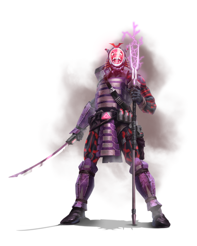 Emoji Giant, artist Tom Ventre : An intimidating giant with a cartoon emoji over their face stalks forward, weapons bared and crackling with electricity.