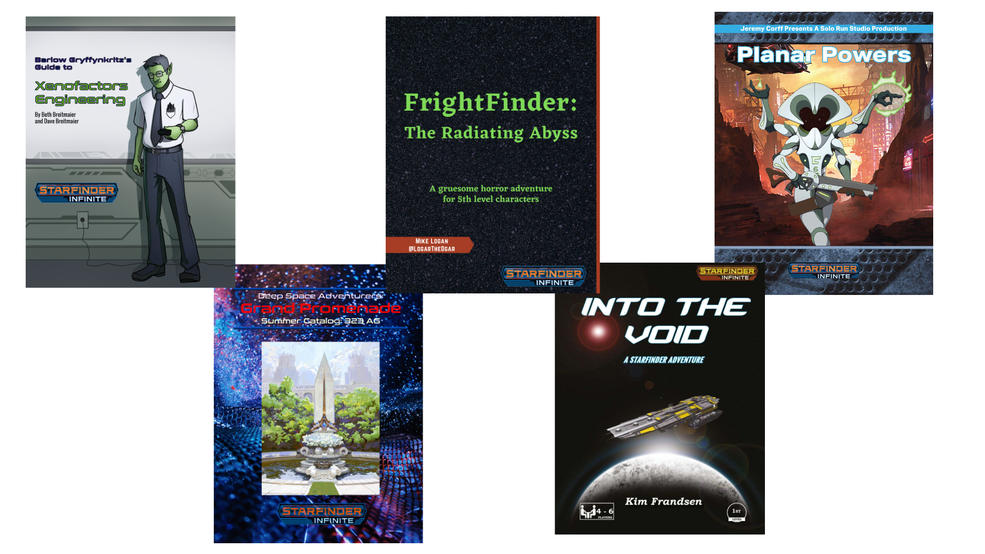 A spread of the covers of the Starfinder Infinite Top Performers.