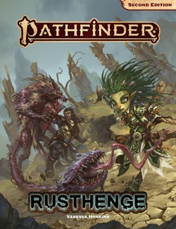 Pathfinder Rusthenge Adventure: Iconic druid, Lini, a green haired gnome, and iconic fighter, Valeros, a human in full armor, fighting a monster a wolf-like body and a Venus flytrap tail.