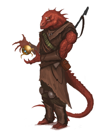 Ikeshti, artist David Franco; A small, red scaled bipedal lizard stands seriously as they inspect a mechanical contraption in their hands—a tiny robot with three visual sensors and four skittering insectile legs. There’s a scar over their left eye and a longrifle stowed over their shoulder.