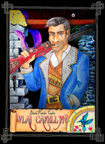 Order of the Amber Die: Vlai Cafellyn, a human gunslinger wearing a blue coat holding a long red rifle over his shoulder