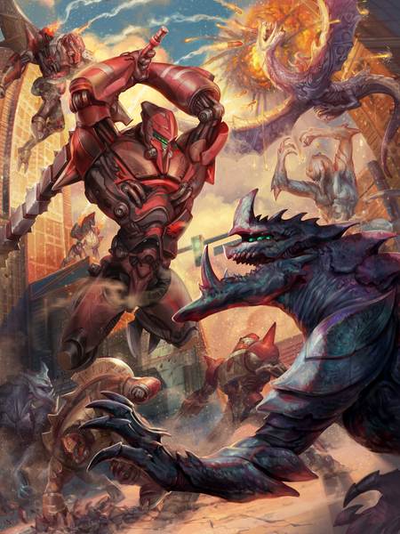 The cover art for Mechageddon! A gigantic red mech raises a chainsword above its head, preparing to bring the weapon down and smite a colossal monster with armored, spiky hide and deadly claws.