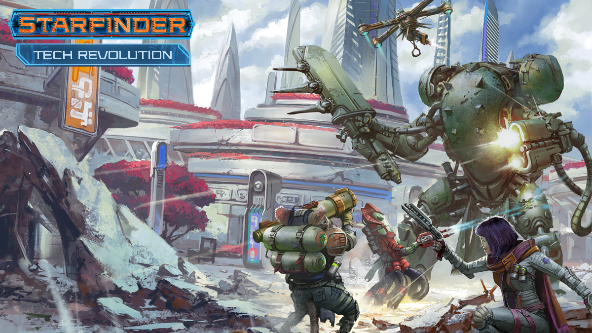 Starfinder Tech Revolution: Large mech robots fire on the starfinder iconics in a city street that's been partially destroyed
