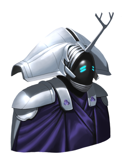 Illustration by Josef Kucera : A robotic anacite ambassador with an insectile horn and a featureless digital face. Small lines of light give the impression of eyes.