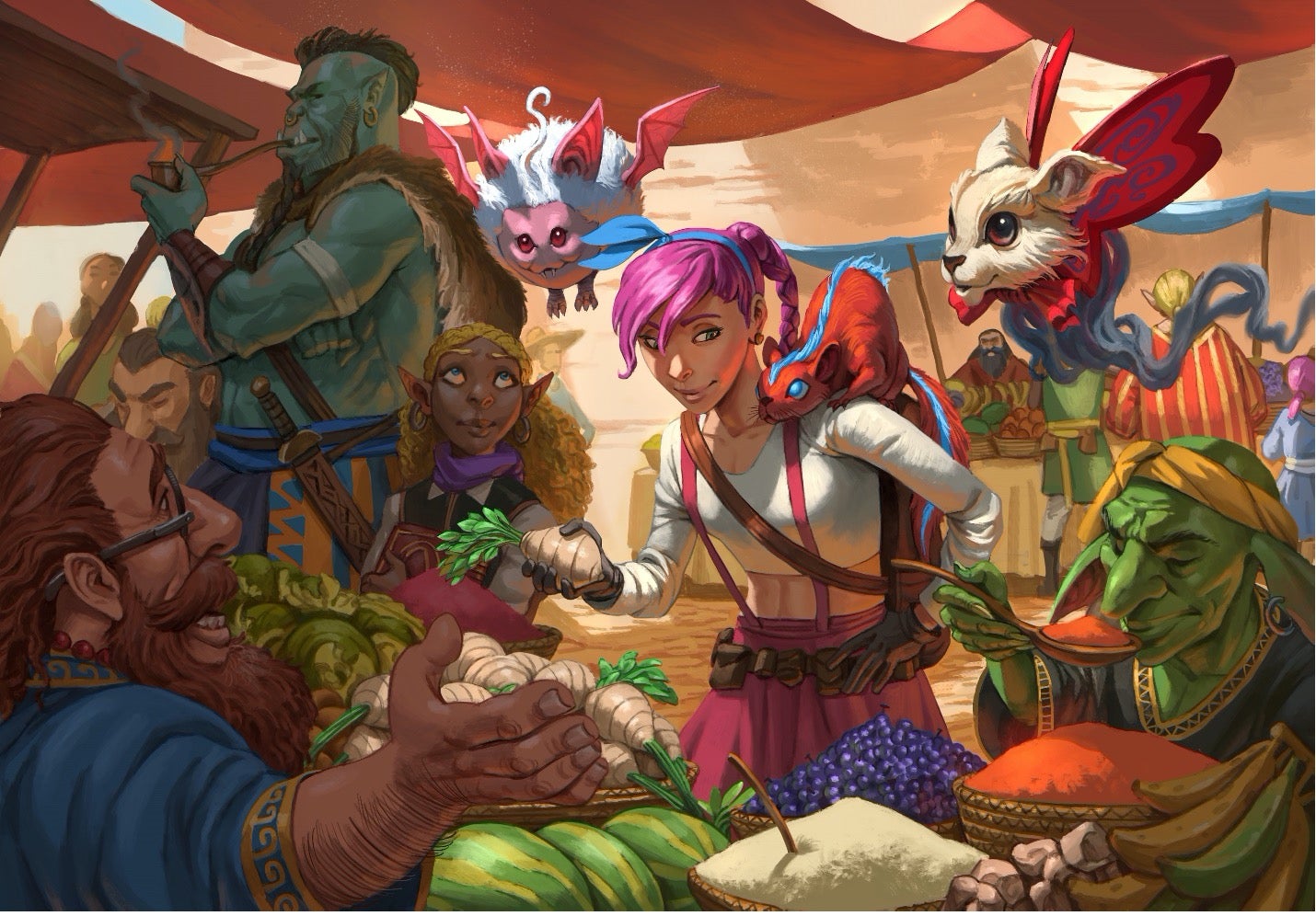 Illustration by Hazem Ameen © Roll for Combat: An eldamon trainer shopping with her eldamon friends: an air bat, fire squirrel, and death dog.