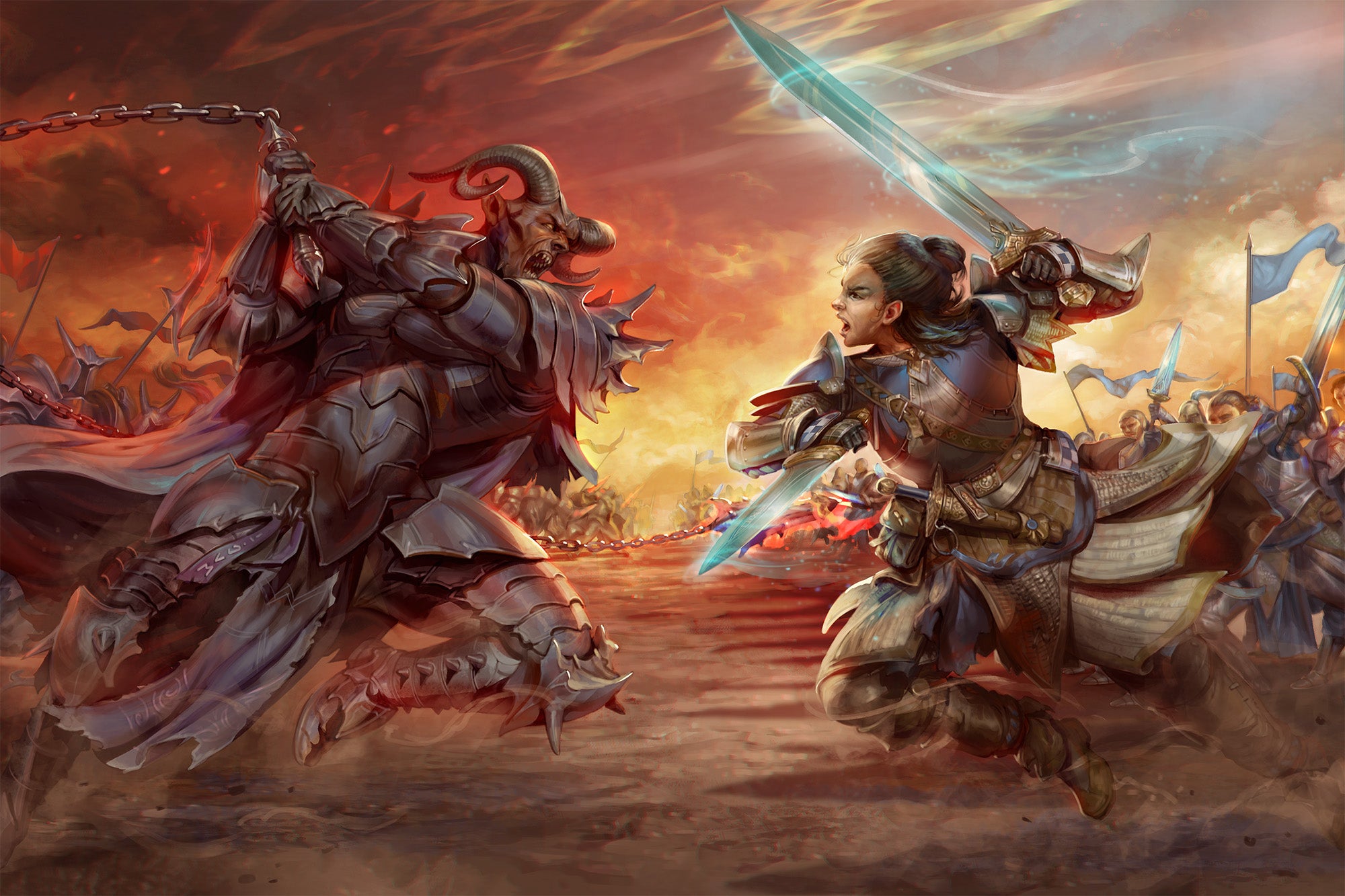 Two armies face off on a barren plane of land. On the left, an army of horned devils dressed in dark spiky plate armor, on the write an army of humans dressed in white and blue plate armor