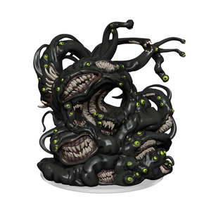A Shoggoth mini figure: A mound of a black slime-like substance full of yellow/green eyes and mouths