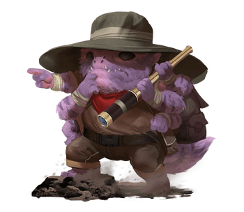 Sprax - Illustration by Michele Esposito : A pink skittermander in a large hat holding a spyglass.