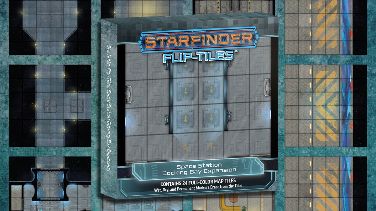 Starfinder Flip-Tiles Space Station Docking Bay Expansion. box mockup over-layed over the different square tiled flip mats