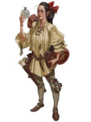 Armeline Jirneau, an elf dressed in a basic tunic and trousers, wearing a pack an side bag full of scholarly materials such as scrolls, inks, and quills
