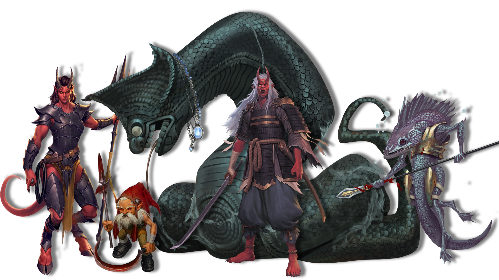 A layout of Monsters from the Monster Core Book: Left to right: a Vordine Devil, a Smaranava Naga, a redcap, a caldera oni, and a sedacthy marauder