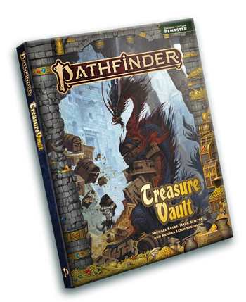 Pathfinder Treasure Vault (Remastered) Pocket Edition: The cover art features a long black and red dragon sitting on top of a pile of trunks looms over a small white kobold holding up a small treasure chest 