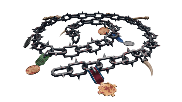 Magic Weapon Chain of Command, Art by Roman Kierszenbaum. A spiked schain with metals and animal claws attached to it, lies in a spiral on the ground.