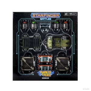 Starfinder Battles: Planets of Peril Docking Bay figure pack with with multiple cargo trunks and a transport vehicle