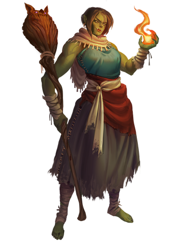 Illustration by Gabriel Scavariello : An Orc mage holding up fire in the palm of her hand