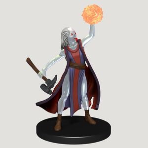 A mini figure of a transparrent-skinned Urgefhan warrior, wearing red and blue robes with a war hammer in one hand and summoning fire in the other