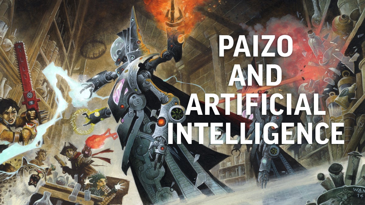 Illustration by Wayne Reynolds: Pathfinder Iconics battling an automaton AI entity