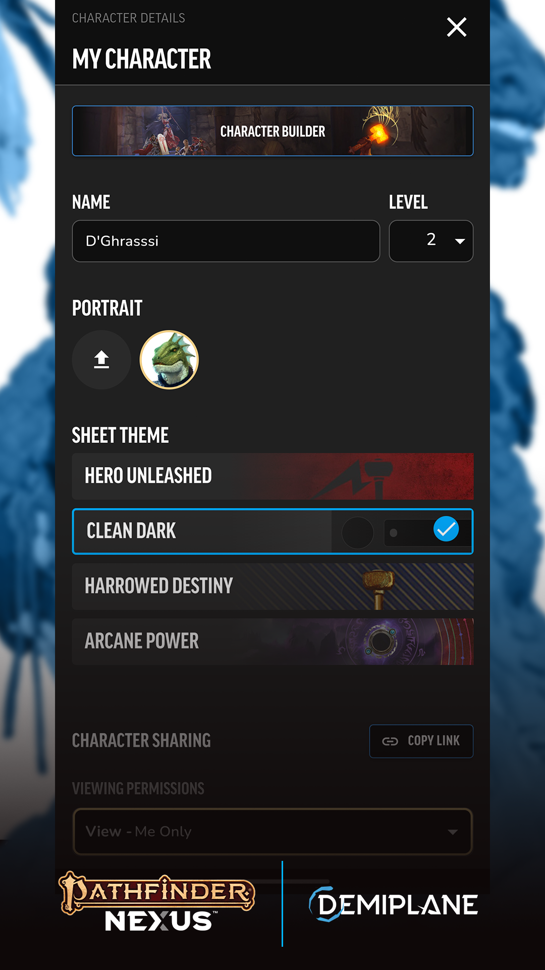 Mobile mockup of character sheet settings user interface
