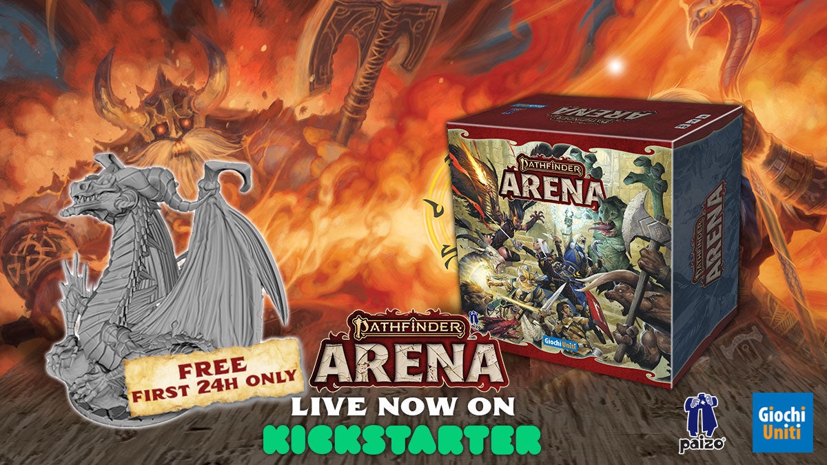 Pathfinder Arena Kickstarter box mock up next to a miniature of a black dragon