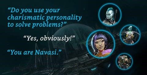 Amazon Alexa Starfinder speach bubbles. First bubble: Do you use your charismatic personality to solve problems? Second bubble says: Yes, Obviously! Third Bubble says: You are Navasi.
