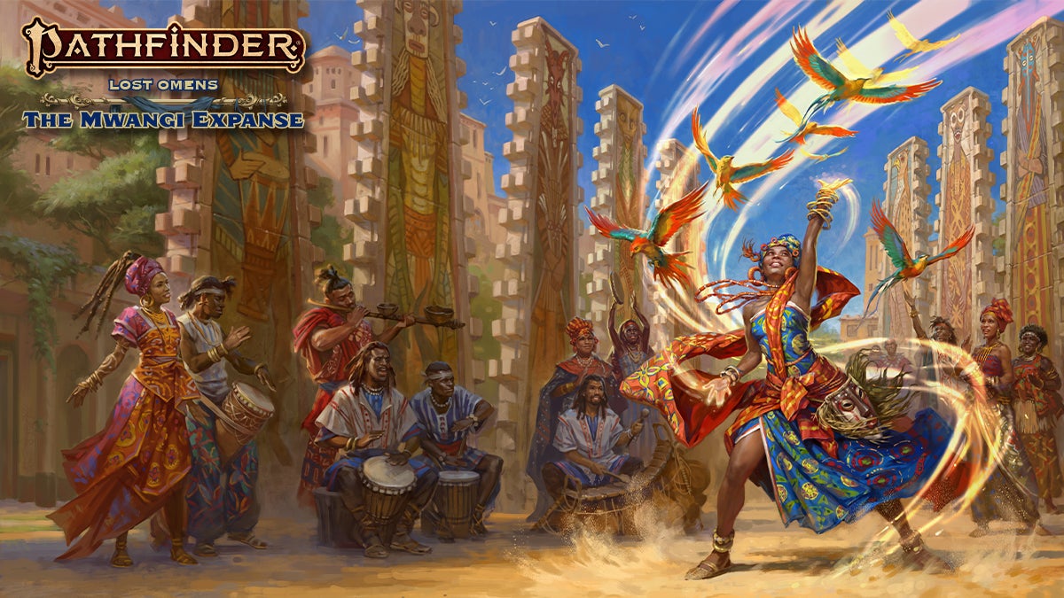 The cover art for Lost Omens Mwangi Expanse featuring a woman proudly using magic as several beautiful birds fly around her Several onlookers dance, sing, and cheer.