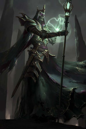 Mythic Litch, an armored, skeletal litch, with glowing purple eyes