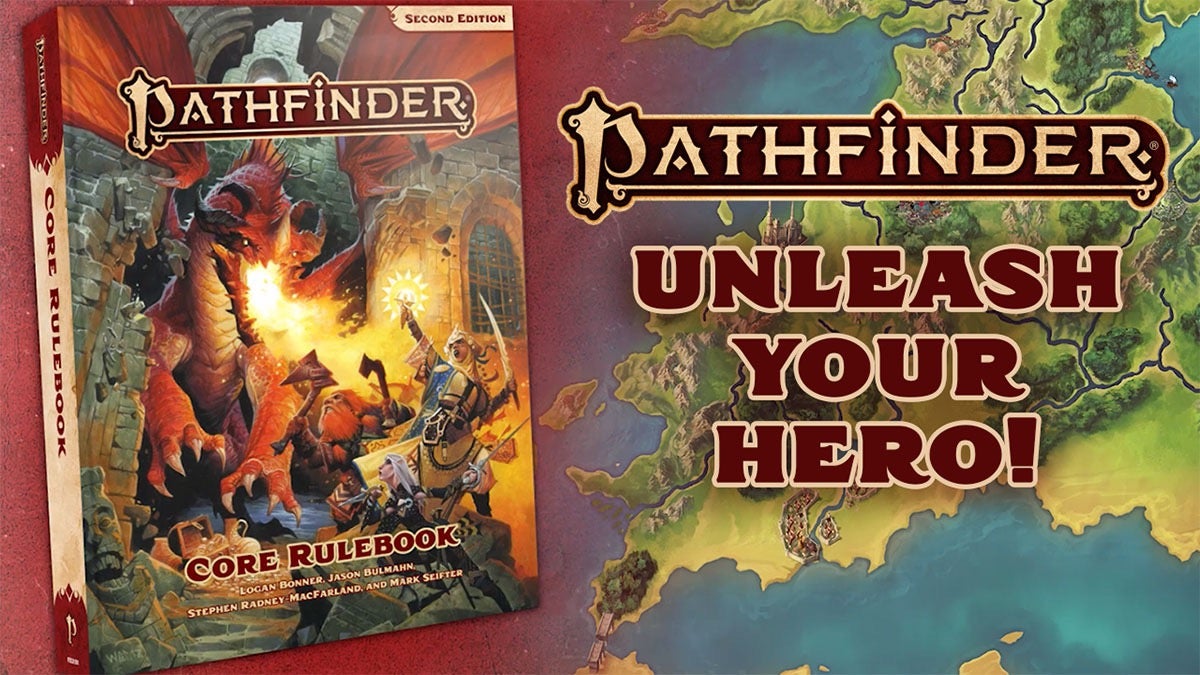 Banner for the Pathfinder Core Rulebook. The core rulebook over a map of Golarion  with the words 'Unlease Your Hero!'