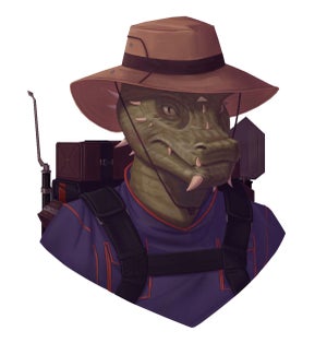 Jel Squidtch, a vesk adventurer dressed in a dark purple shirt, with a travel pack and a wide brimmed hat