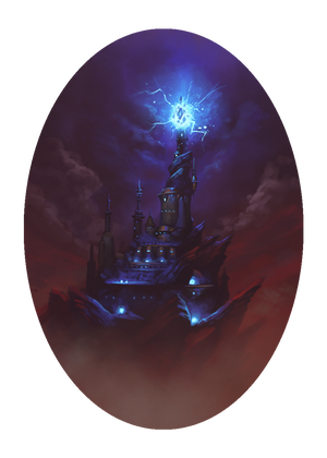 artist Felipe Fornitani - A fortress of stone and metal stands within a shroud of darkness on the surface of a barren planet; a crystalline tower tha tpierces the fortress glows with magical energy.