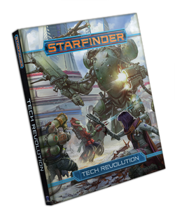 Starfinder Tech Revolution: Large mech robots fire on the starfinder iconics in a city street that's been partially destroyed