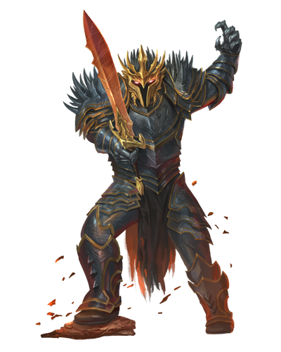 Illustration by Ksenia Kozhevnikova : The armored god Gorum menacingly wields a sword, the glow of his eyes the only thing visible within his helm