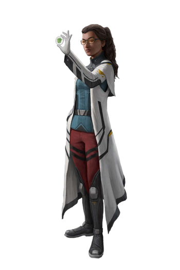 A scientist holding up an object to examine it in the light