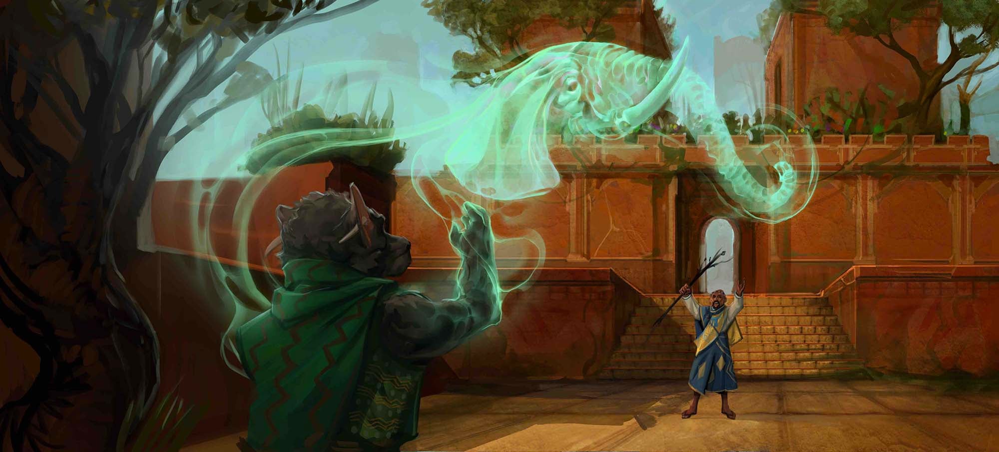 Illustration by Kent Hamilton. Two magic users summoning a glowing green light in the shape of an elephant 