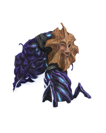 Munrusu, artist Tom Ventre : An embri wearing a wooden mask carved with a winking face.