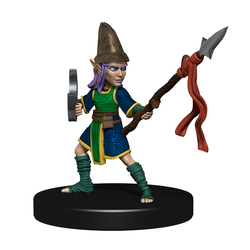 Mini figure of a purple haired gnome warrior dressed in leathers and chain mail with a buckler on one arm and a spear in the other hand