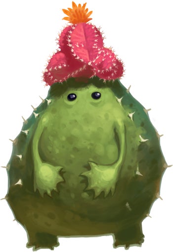 A cactus leshy. This living cactus is squat and spherical with a small flower on the top of its head.