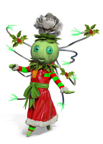 A cheery plant person dressed in festive attire with a white flower sprouting from their head.