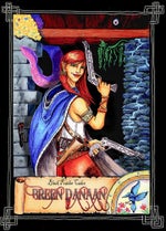 Order of the Amber Die: Breen Danaan, a half-elf gunslinger with long red hair and wearing a blue cloak