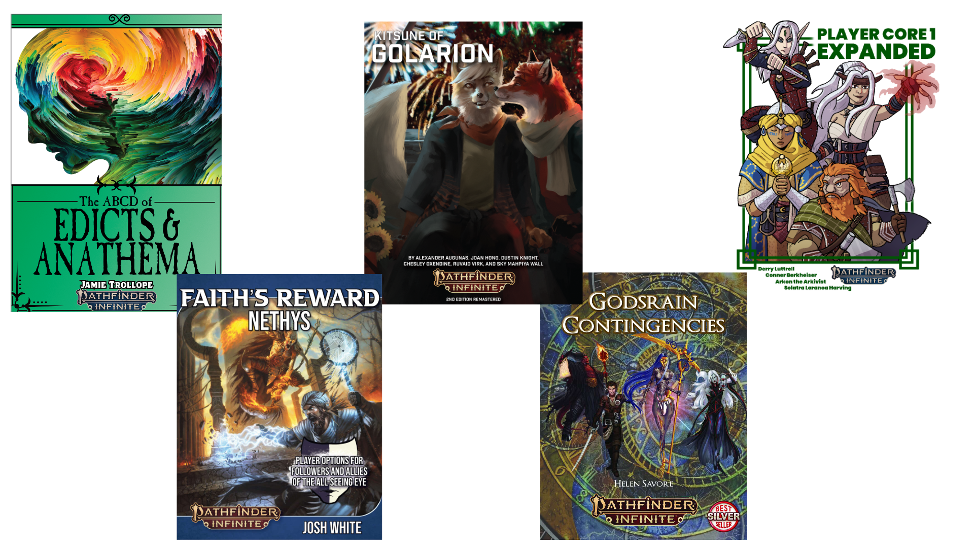 A spread of the covers of the Pathfinder Infinite Top Performers.