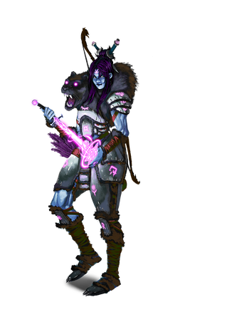 Art by Andrew Huerta: A tall humanoid with blue skin and purple hair, dressed in dark armor with glowing purple runes