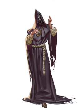 artist Riccardo Moscatello, a person standing in a hooded dark robe with one hand on a large amulet