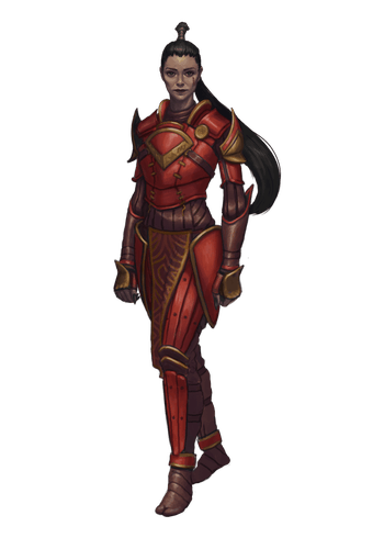 Vernai-Elect Giovana, artist Josef Kucera: Vernai-Elect Giovana unmasked and in her Red Mantis assassin leathers.