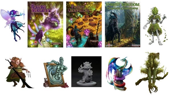 Ultimate Fairies Kickstarter: Fairie Bestiary, Faire Campaigns, and Forest Kingdom cover mock ups with different characters surrounding them