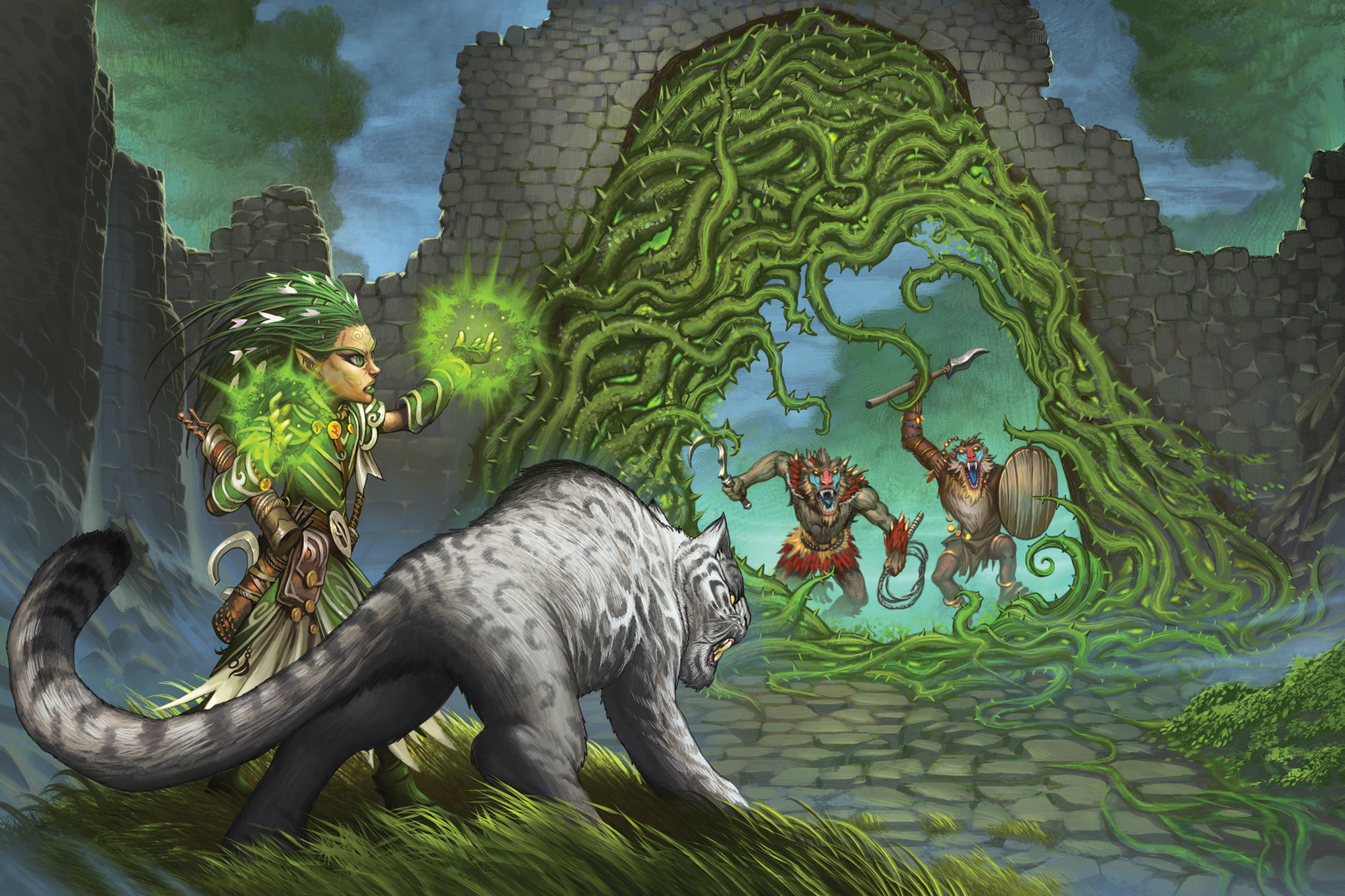 Illustration by Firat Solhan. Pathfinder Iconic Druid, Lini casting Wall of Thorns